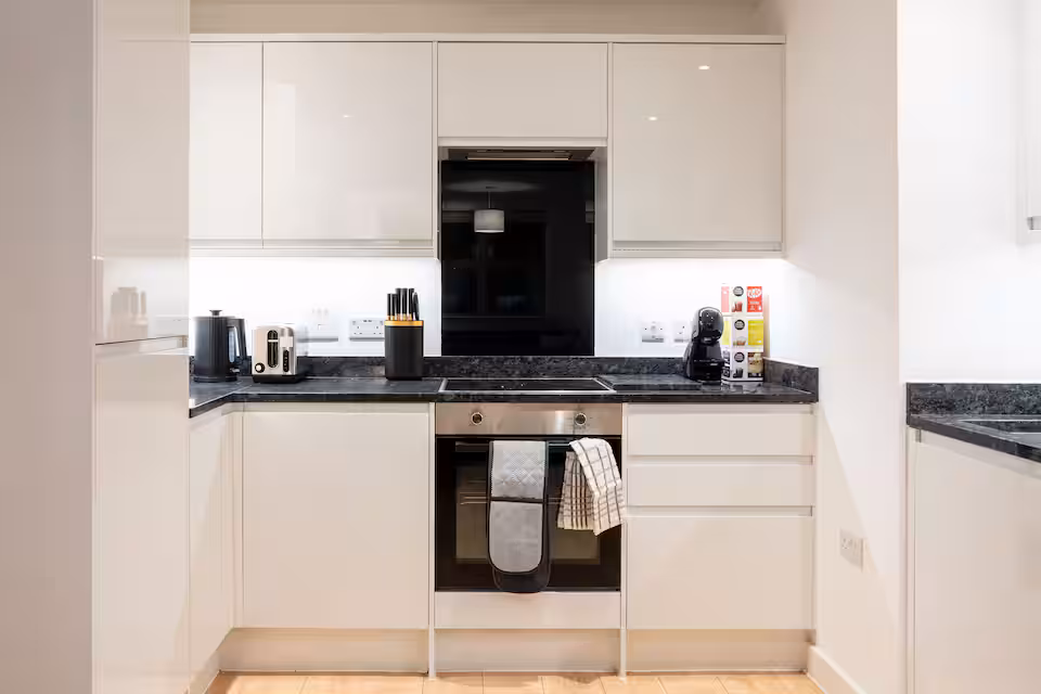 Clean kitchen in serviced accommodation